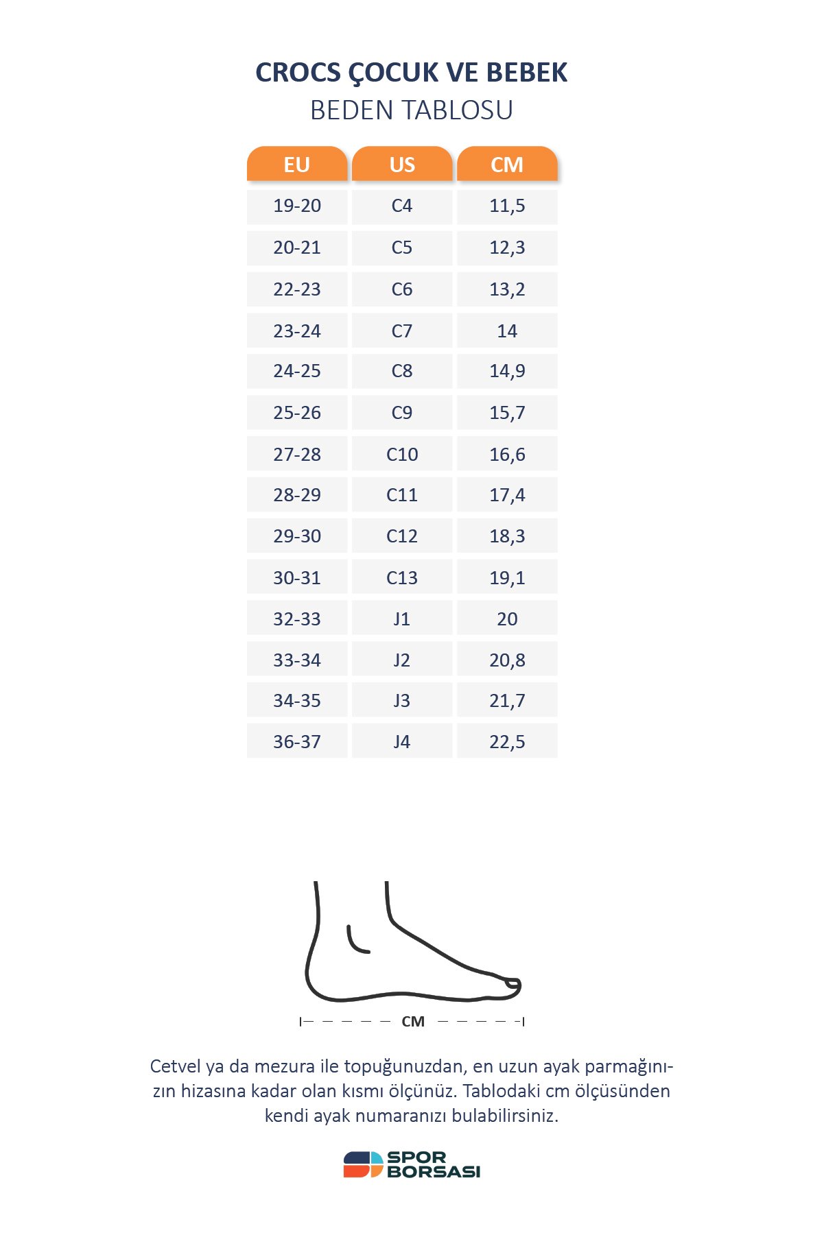 Crocs çocuk terlik beden tablosu